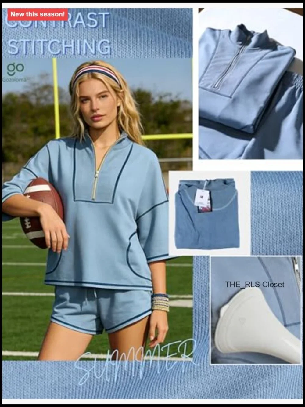Cotton Blend Matching Set Half-Zip Top and Shorts with Pockets